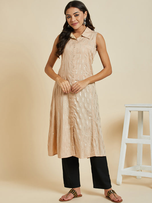 Women Cream Color Printed A-line Cut Sleeve  kurta