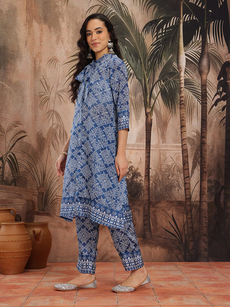 Women Blue Printed Kurta Palazzo Set