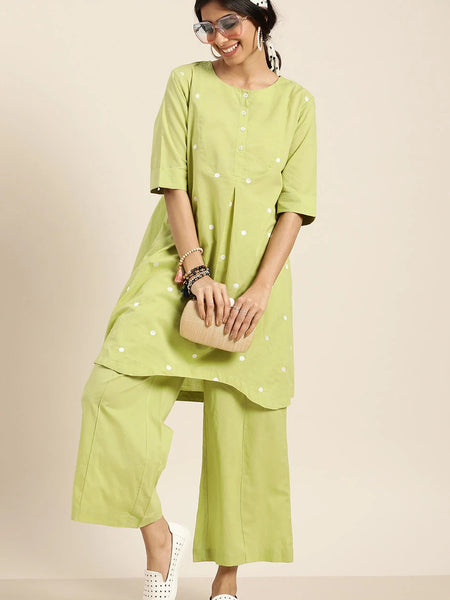 Front view green cotton co ord set women
