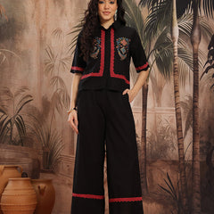 Midnight Elegance Embroidered Cotton Shirt Palazzo Set