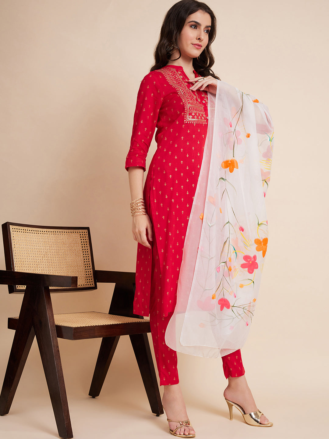 Women Red Color Embroidery Kurta Pant With Dupatta Set