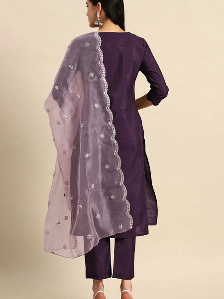 Back view purple kurta set women
