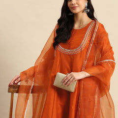Women orange embroidered kurta set
