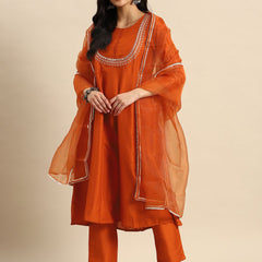 Front view orange silk kurta set
