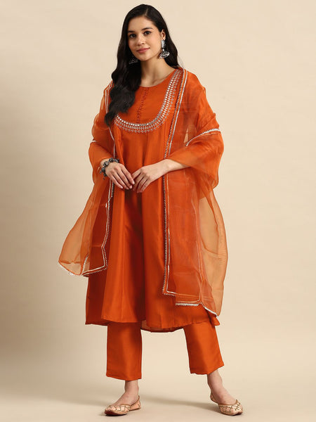 Front view orange silk kurta set
