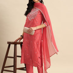 Women Green Embroidered Straight Cotton Kurta