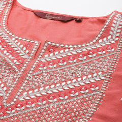 Women Green Embroidered Straight Cotton Kurta