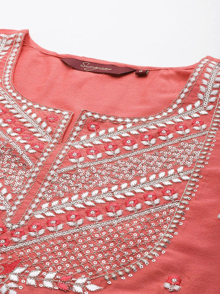 Women Green Embroidered Straight Cotton Kurta