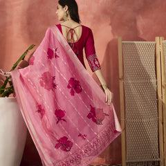 Women Red Embroidered Anarkali Kurta Set with Organza Dupatta