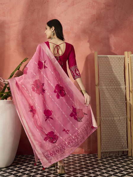 Women Red Embroidered Anarkali Kurta Set with Organza Dupatta