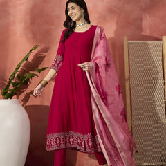 Women Red Embroidered Anarkali Kurta Set with Organza Dupatta
