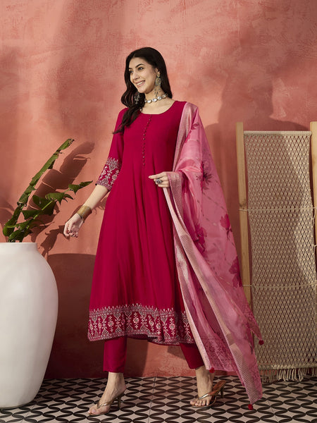 Women Red Embroidered Anarkali Kurta Set with Organza Dupatta