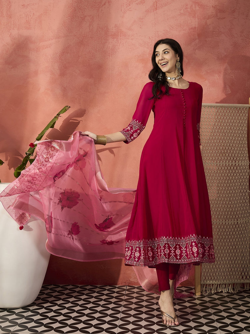 Women Red Embroidered Anarkali Kurta Set with Organza Dupatta