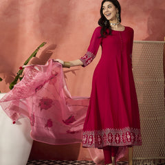 Women Red Embroidered Anarkali Kurta Set with Organza Dupatta