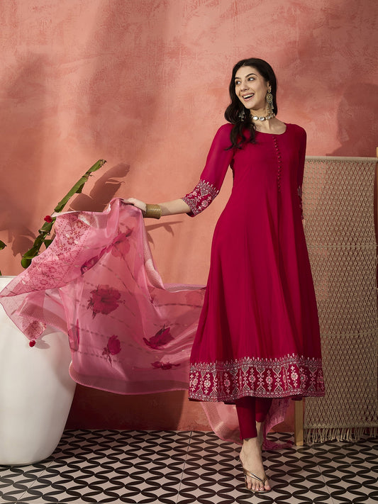 Sangria Red Color Embroidered Anarkali Kurta & Trousers With Dupatta