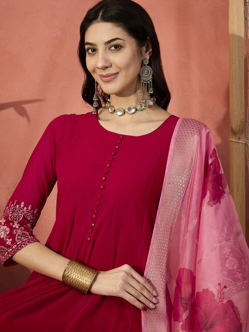 Women Red Embroidered Anarkali Kurta Set with Organza Dupatta