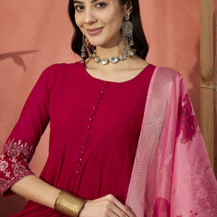 Women Red Embroidered Anarkali Kurta Set with Organza Dupatta
