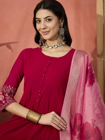 Sangria Red Color Embroidered Anarkali Kurta & Trousers With Dupatta