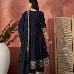 Women Blue  Embroidered Round Neck Anarkali Kurta & Palazzos With Dupatta