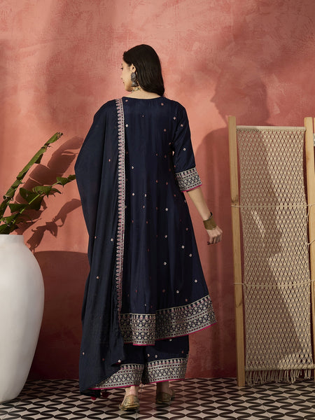 Women Blue  Embroidered Round Neck Anarkali Kurta & Palazzos With Dupatta