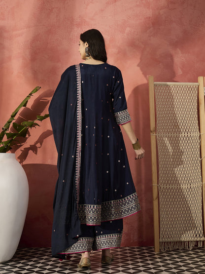 Women Blue  Embroidered Round Neck Anarkali Kurta & Palazzos With Dupatta