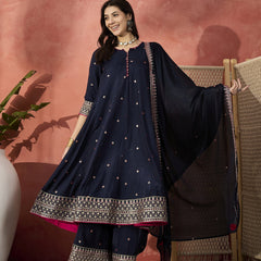 Women Blue  Embroidered Round Neck Anarkali Kurta & Palazzos With Dupatta