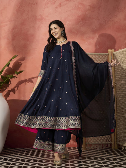 Women Blue  Embroidered Round Neck Anarkali Kurta & Palazzos With Dupatta