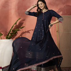Women Blue  Embroidered Round Neck Anarkali Kurta & Palazzos With Dupatta