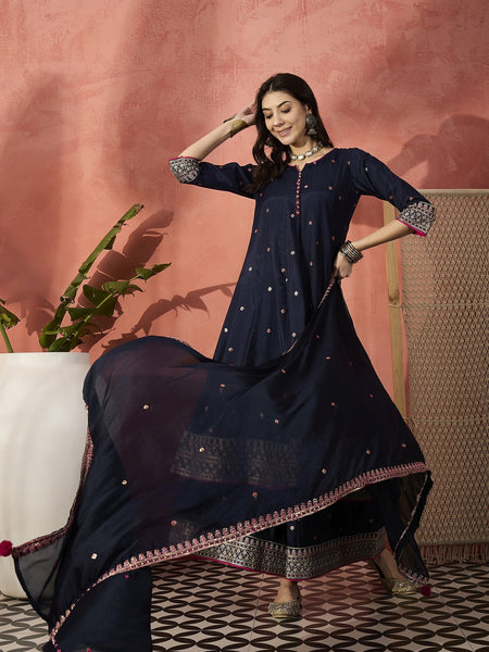 Women Blue  Embroidered Round Neck Anarkali Kurta & Palazzos With Dupatta
