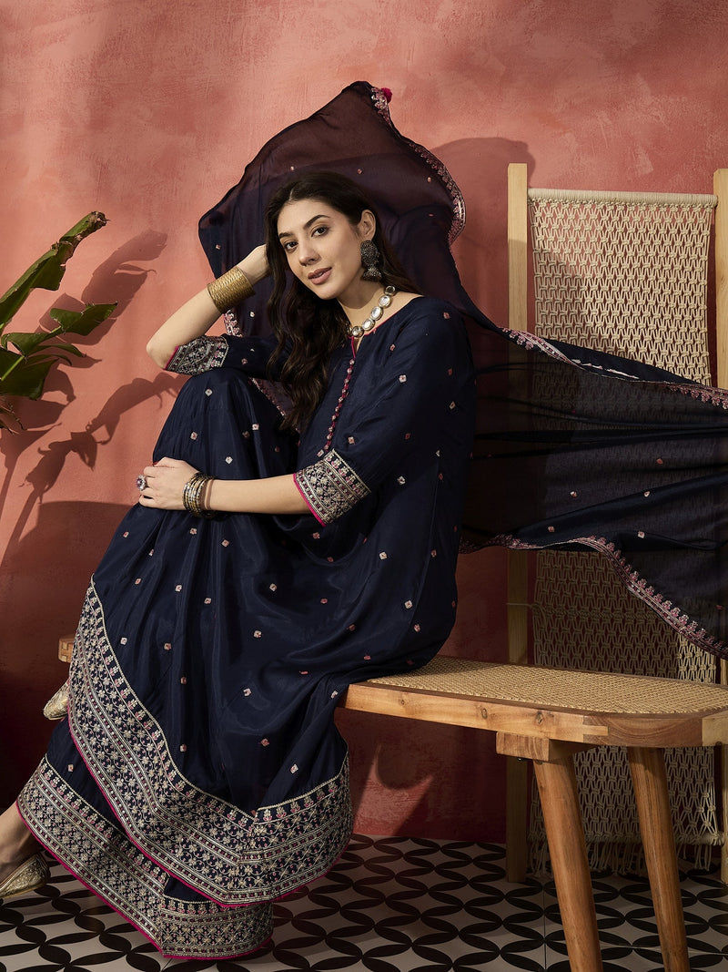 Women Blue  Embroidered Round Neck Anarkali Kurta & Palazzos With Dupatta