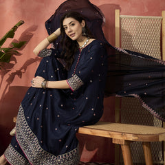 Women Blue  Embroidered Round Neck Anarkali Kurta & Palazzos With Dupatta