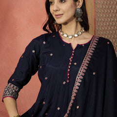 Women Blue  Embroidered Round Neck Anarkali Kurta & Palazzos With Dupatta