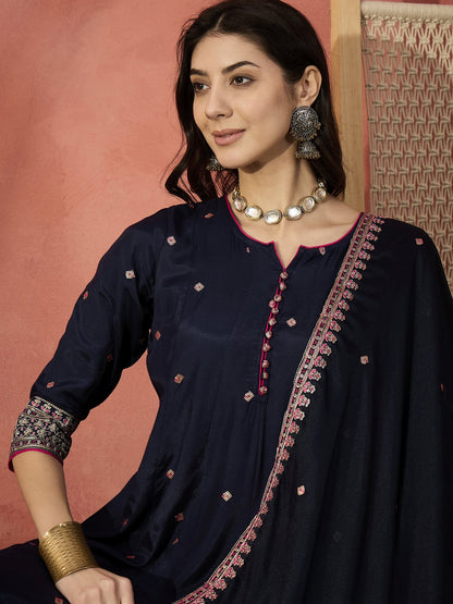 Women Blue  Embroidered Round Neck Anarkali Kurta & Palazzos With Dupatta