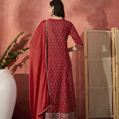 Women Embroidered Pure Cotton Round Neck Anarkali Kurta & Trousers With Dupatta