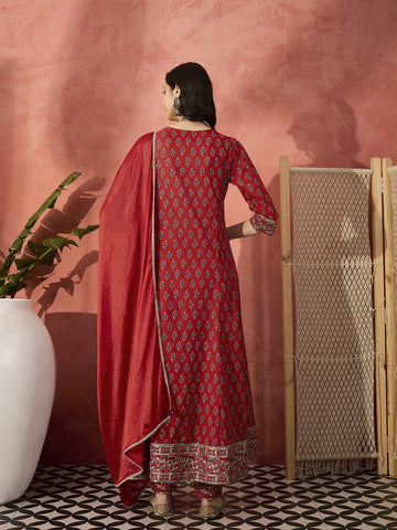 Sangria Red Color Embroidered Pure Cotton Anarkali Kurta & Trousers With Dupatta