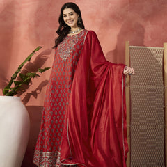 Women Embroidered Pure Cotton Round Neck Anarkali Kurta & Trousers With Dupatta