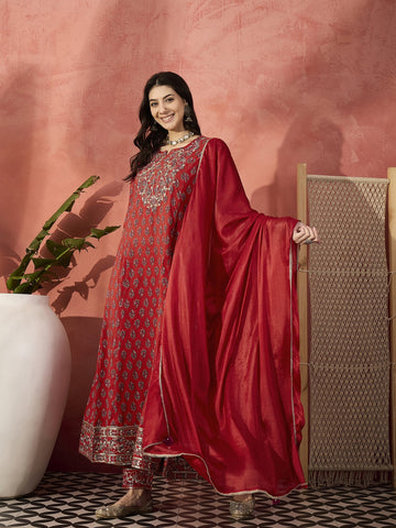 Sangria Red Color Embroidered Pure Cotton Anarkali Kurta & Trousers With Dupatta