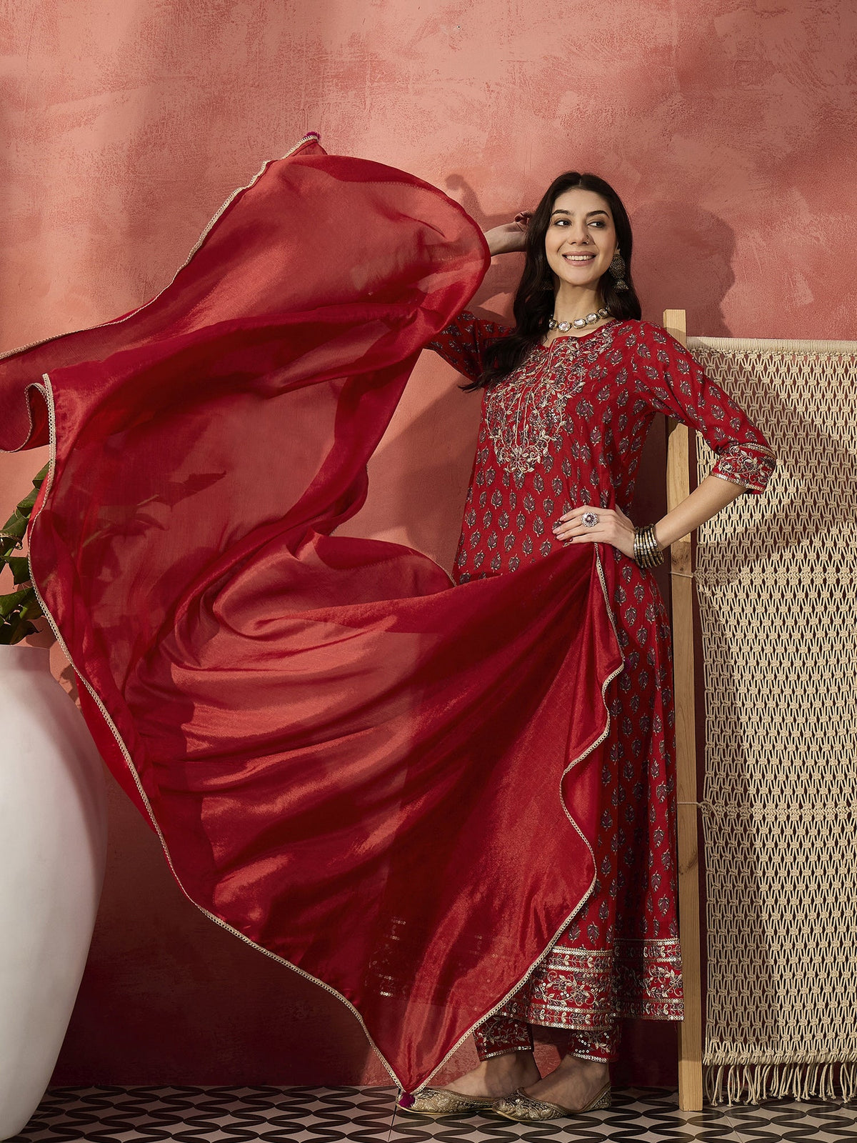 Sangria Red Color Embroidered Pure Cotton Anarkali Kurta & Trousers With Dupatta