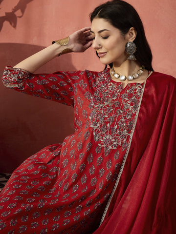 Sangria Red Color Embroidered Pure Cotton Anarkali Kurta & Trousers With Dupatta