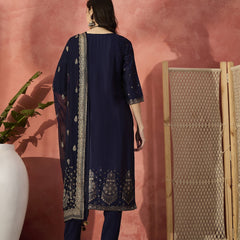 Women Embroidered Straight Round Neck Kurta & Trousers With Dupatta