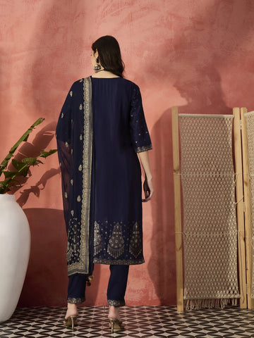 Sangria Navy Blue Woven Design Straight Kurta & Trousers With Dupatta