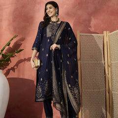 Women Embroidered Straight Round Neck Kurta & Trousers With Dupatta