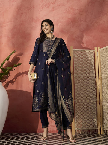 Sangria Navy Blue Woven Design Straight Kurta & Trousers With Dupatta