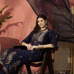 Women Embroidered Straight Round Neck Kurta & Trousers With Dupatta