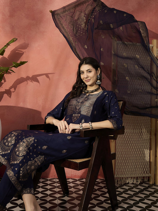 Sangria Navy Blue Woven Design Straight Kurta & Trousers With Dupatta