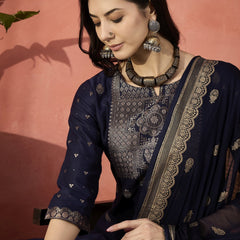 Women Embroidered Straight Round Neck Kurta & Trousers With Dupatta