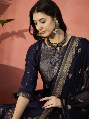 Sangria Navy Blue Woven Design Straight Kurta & Trousers With Dupatta