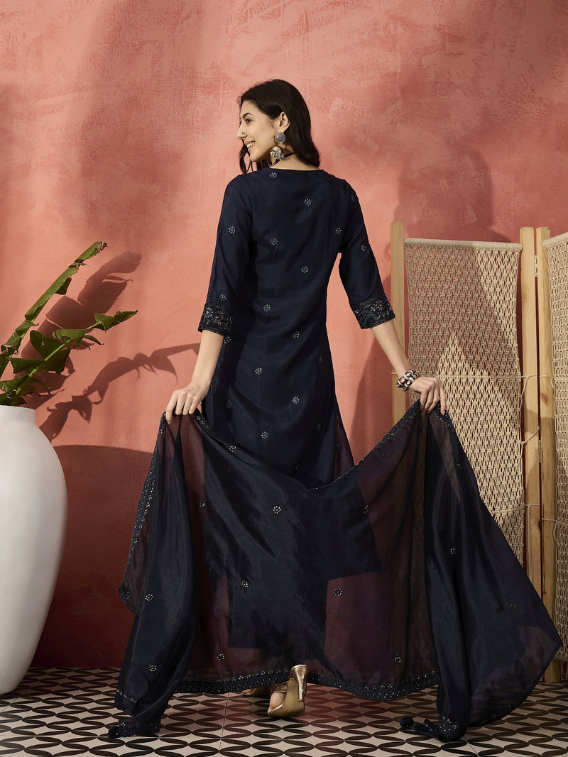 Women Black Floral Embroidered Notch Neck Straight Kurta With Trousers And Dupatta