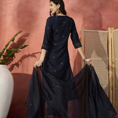 Women Black Floral Embroidered Notch Neck Straight Kurta With Trousers And Dupatta