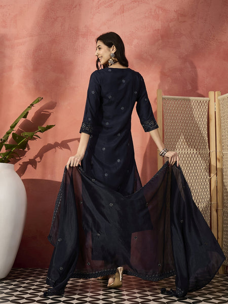 Women Black Floral Embroidered Notch Neck Straight Kurta With Trousers And Dupatta